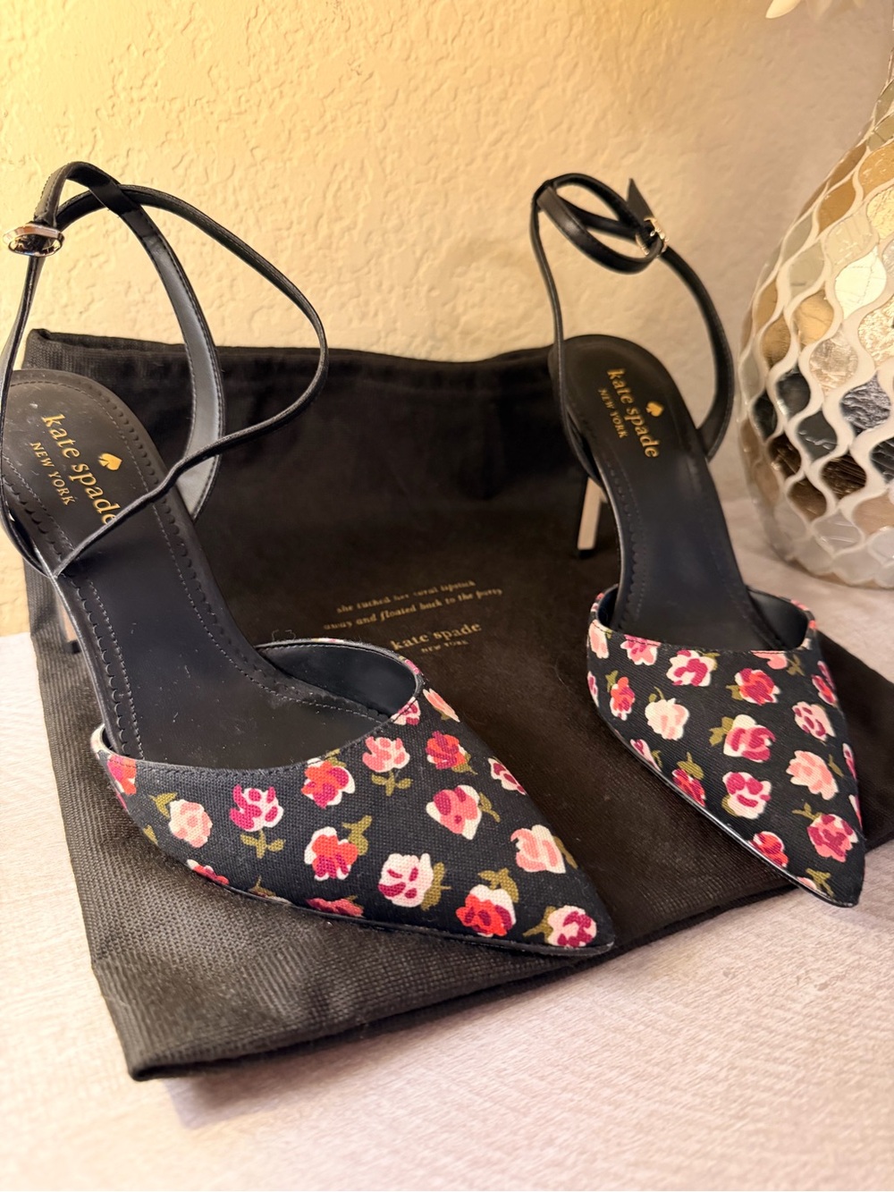 Kate Spade Black Floral Pointed-Toe Ankle-Strap Heels